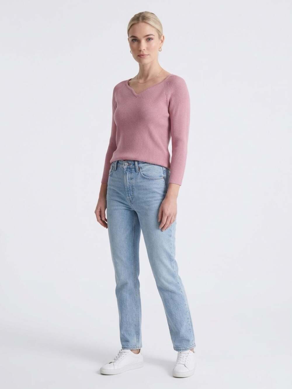 Madison Grey Sweater Size L Pink Ribbed Long Sleeve V-Neck Top
